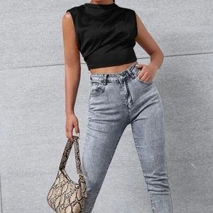 Shein - Mock Neck Satin Crop Top